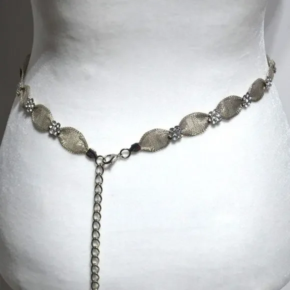 Silver Mesh Metal & Rhinestone Floral Belt Bridal